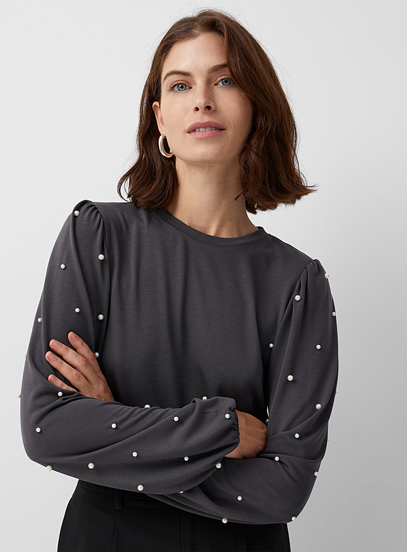 Contemporaine Charcoal Pearls puff-sleeve top for women