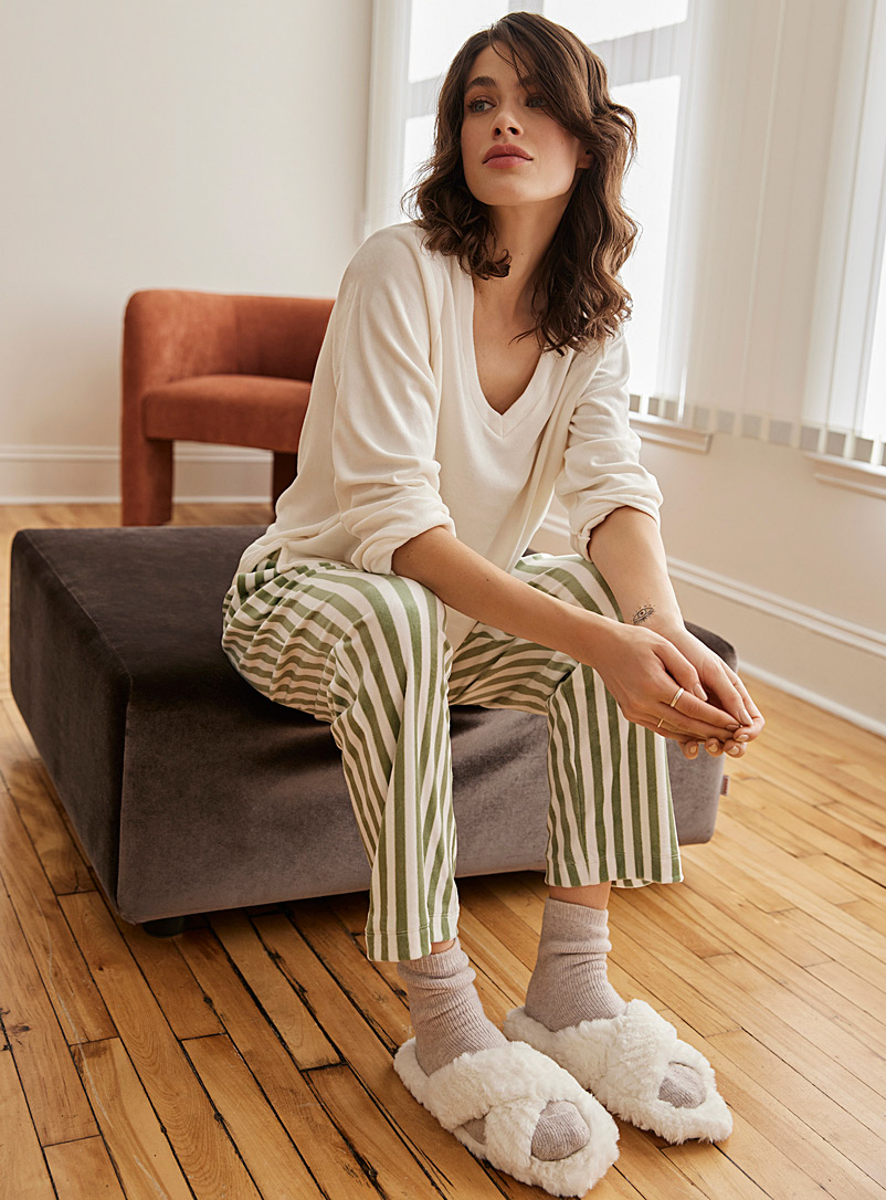 Miiyu: Le pantalon de pyjama hivernal rayure binaire Vert à motifs pour femme