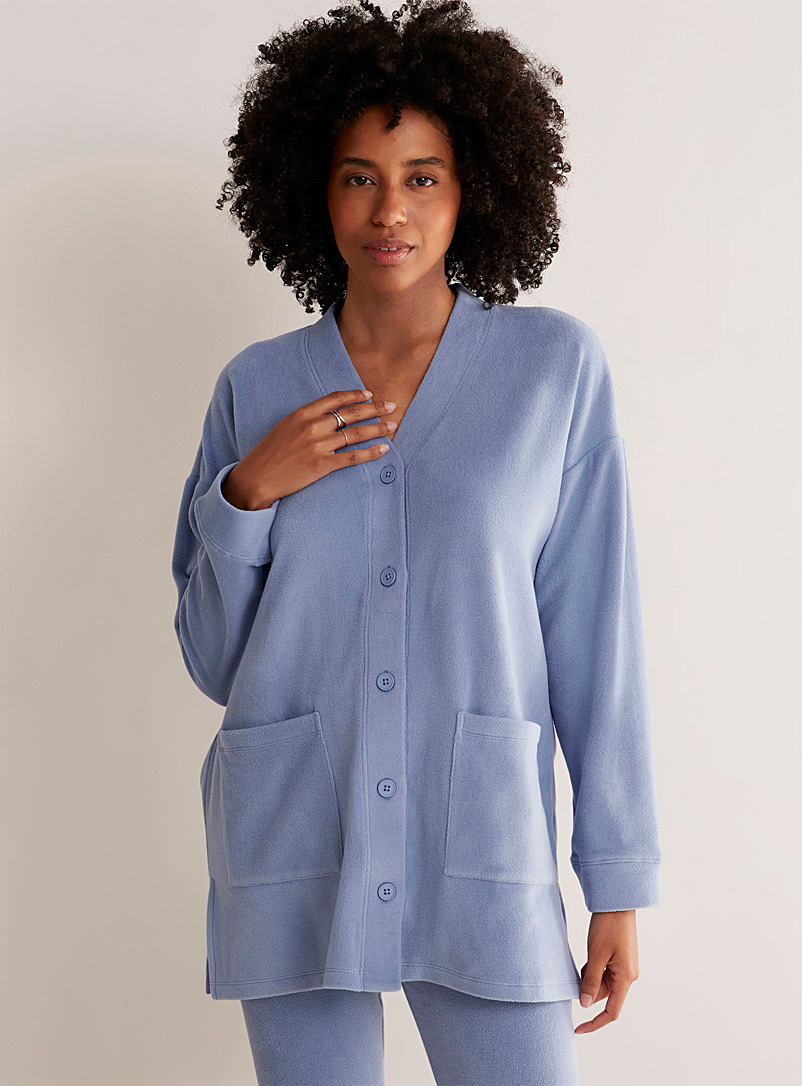 Miiyu Slate Blue Stretch fleece long cardigan for women