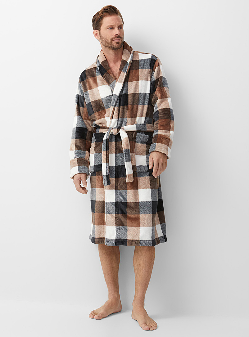 Le 31 Patterned Brown Natural check polar fleece robe for men