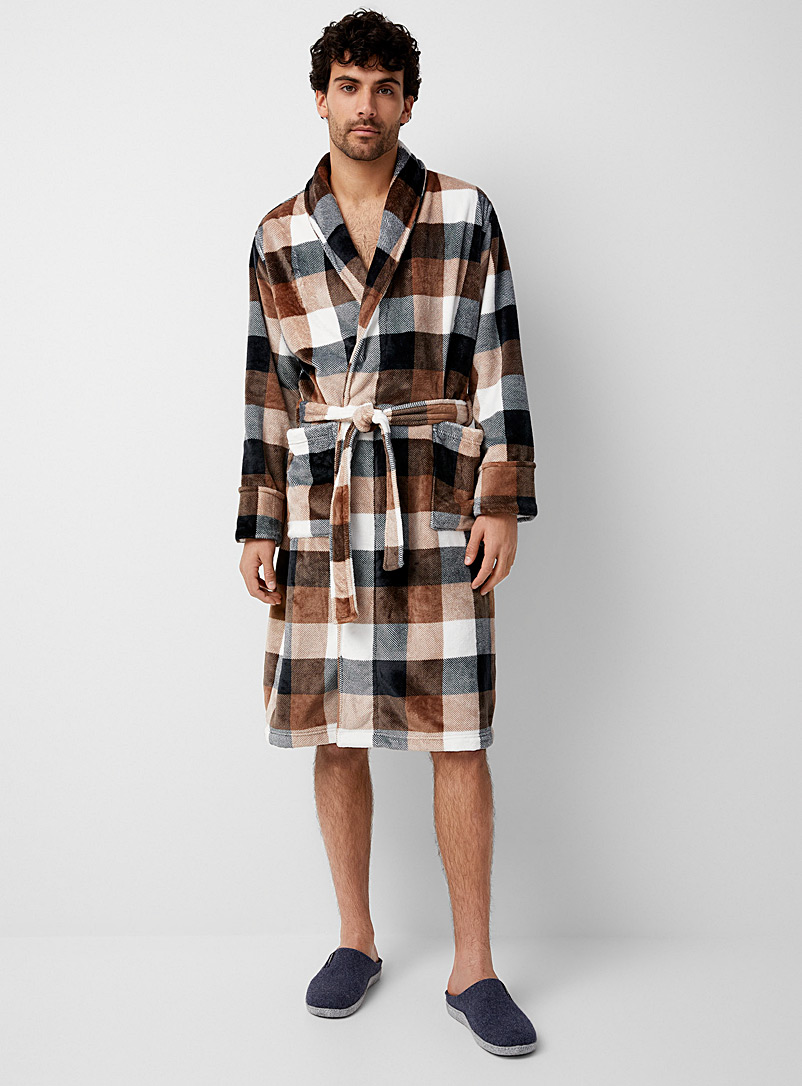 Le 31 Assorted Natural check polar fleece robe for men