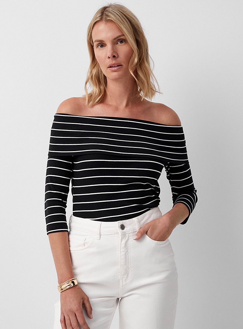 Contemporaine Patterned Black Off-the-shoulder striped T-shirt for women