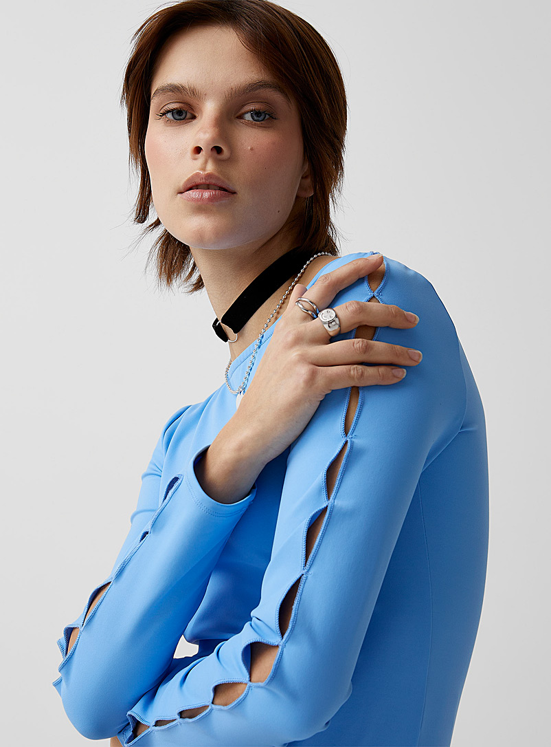 Twik Slate Blue Cutout sleeves recycled nylon T-shirt for women