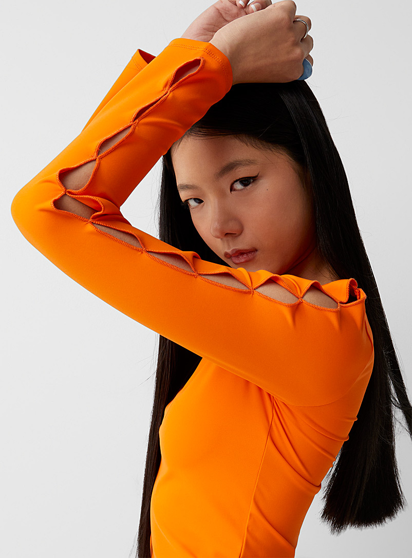 Twik Orange Cutout sleeves recycled nylon T-shirt for women
