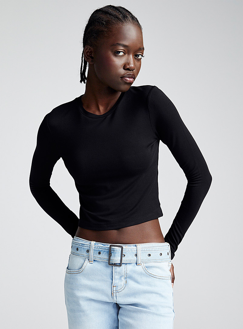 Twik Black Cropped long-sleeve crew-neck T-shirt for women