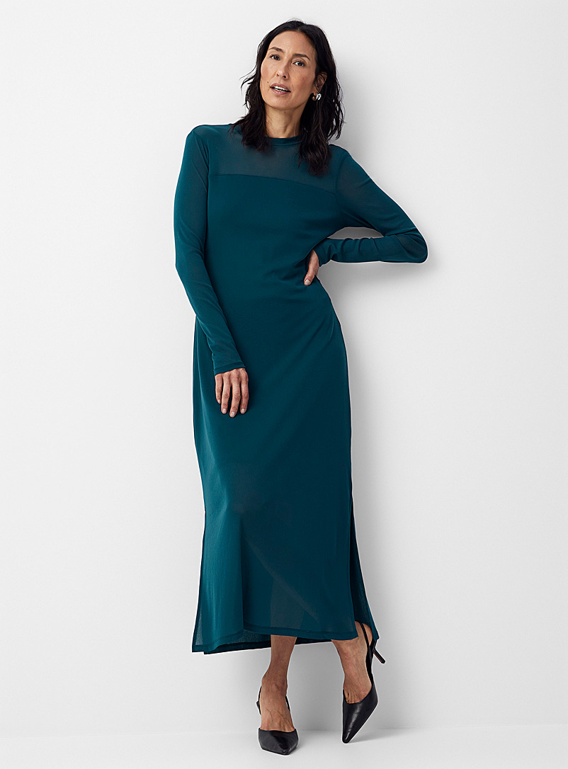 Contemporaine Kelly Green Slit micromesh maxi dress for women