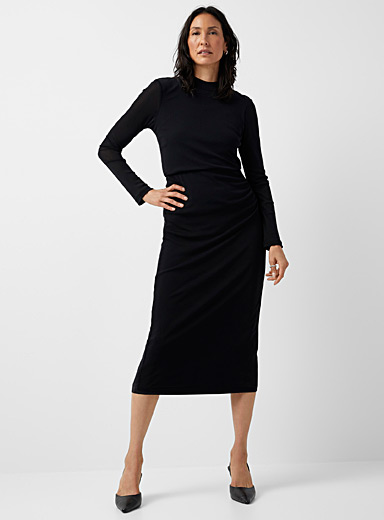 Contemporaine Black Micromesh ruched midi skirt for women