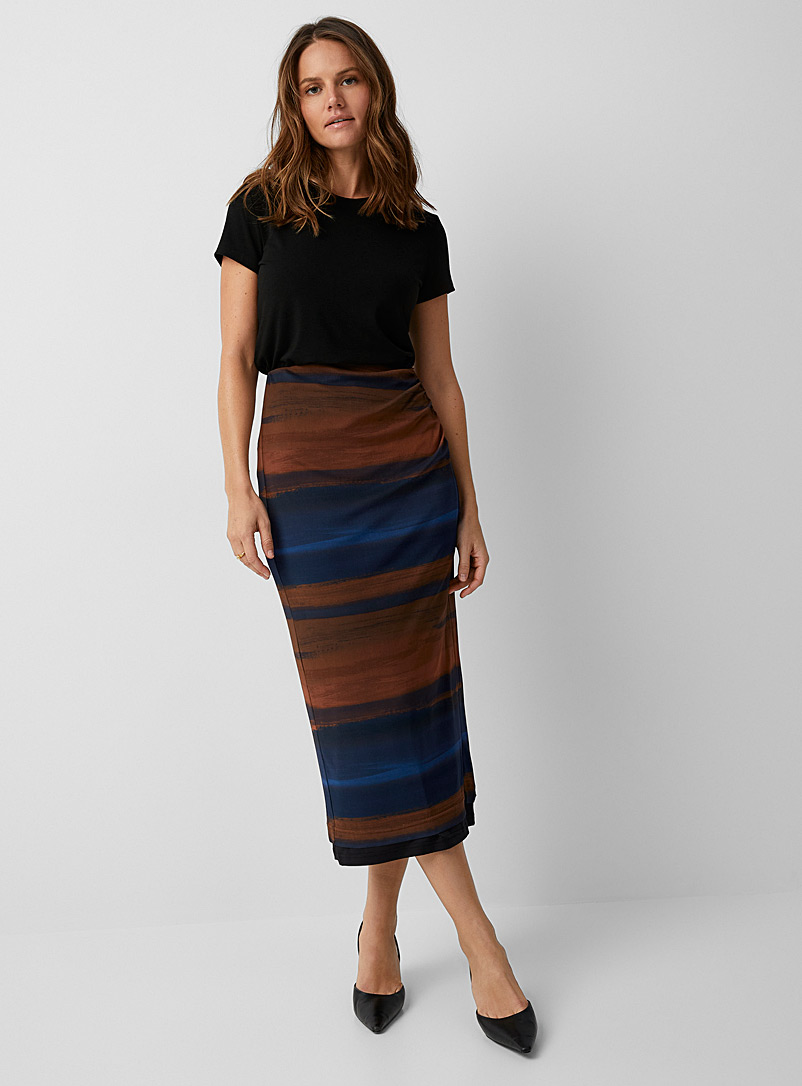 Contemporaine Patterned Brown Micromesh ruched midi skirt for women