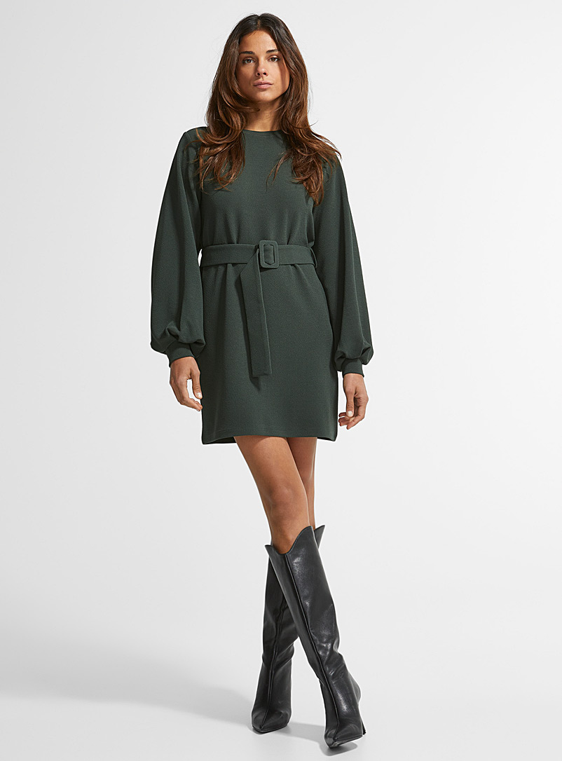 Icône Forest green Textured crepe belted dress for women