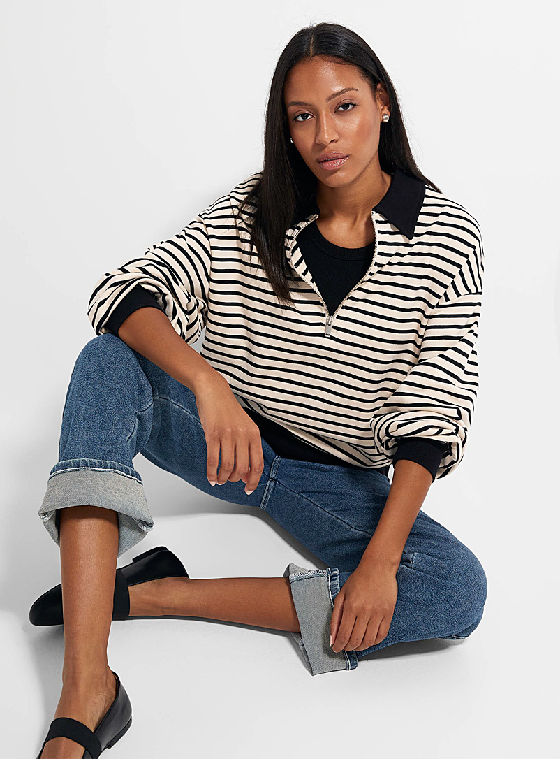 Icône Black and White Organic cotton zip-collar loose sweatshirt for women