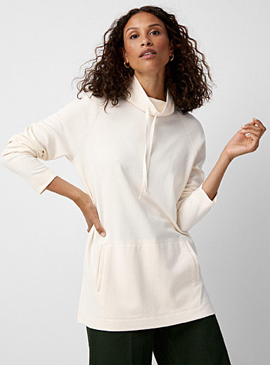 Contemporaine Ivory White Drawstring collar kangaroo pocket sweatshirt for women