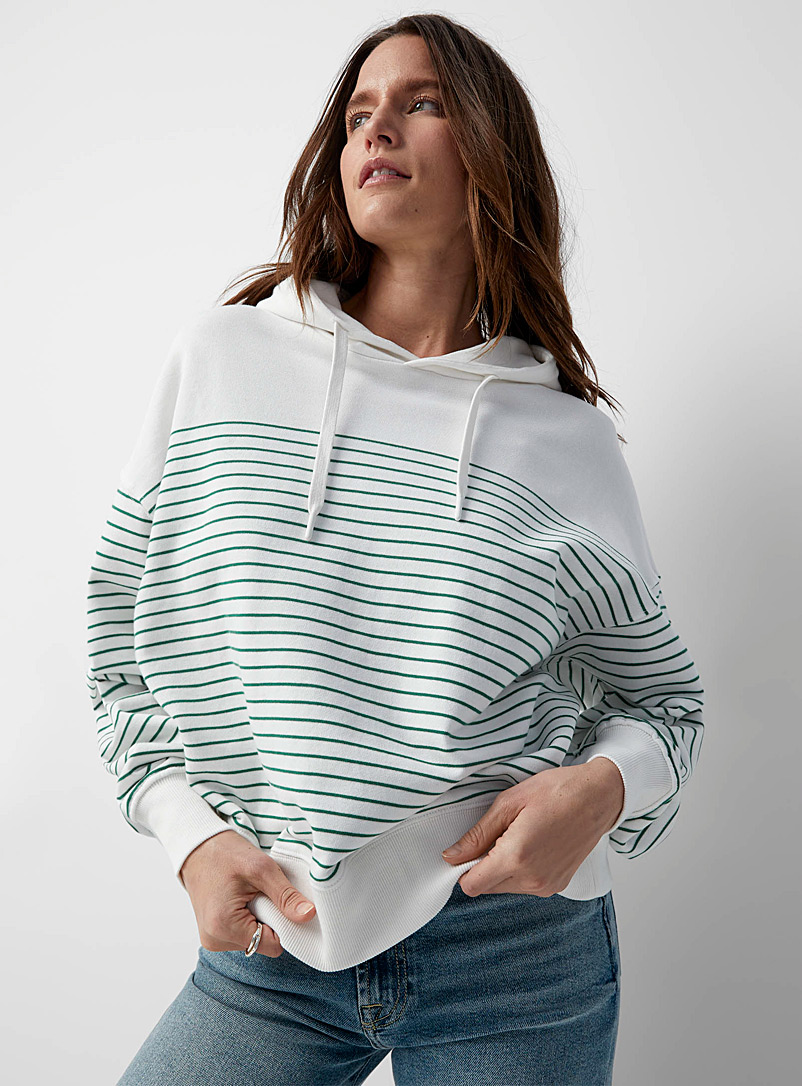 Contemporaine Patterned Green Horizontal stripes hooded sweatshirt for women