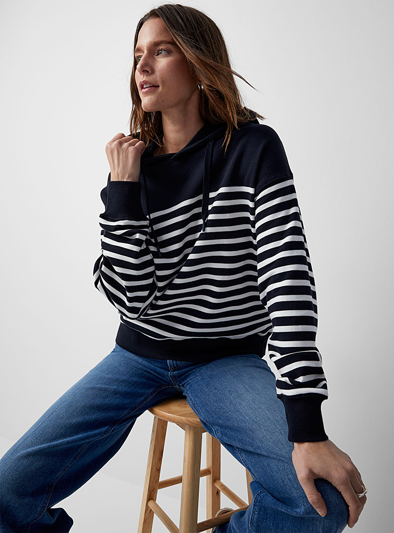 Contemporaine Marine Blue Horizontal stripes hooded sweatshirt for women