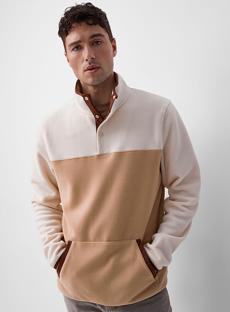 Le 31 Cream Beige Colour block fleece sweater for men