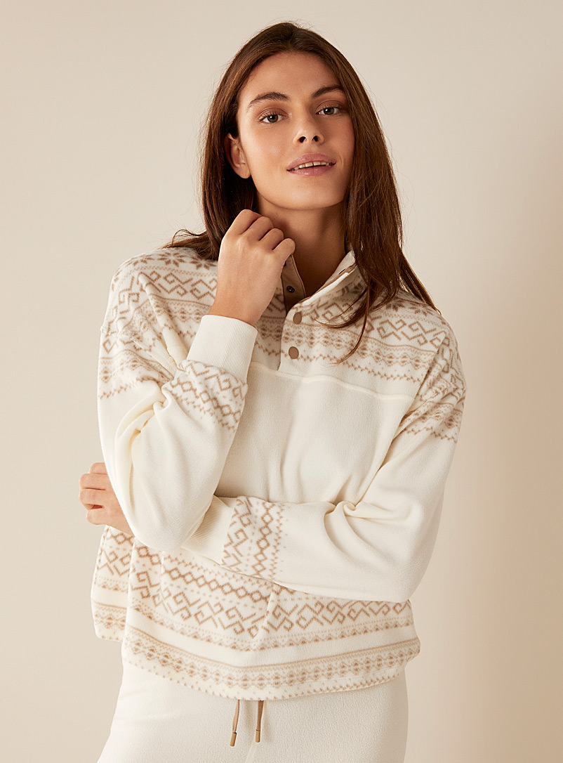 Miiyu Cream Beige Northern pattern polar fleece lounge sweater for women
