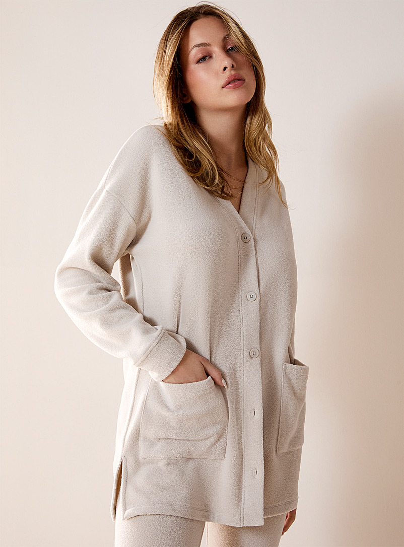 Miiyu Ivory/Cream Beige Stretch polar fleece cardigan for women