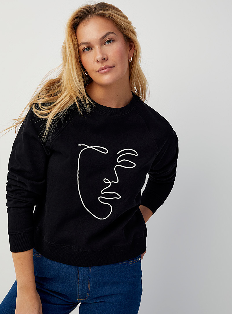 Contemporaine Black Embroidered face raglan sweatshirt for women