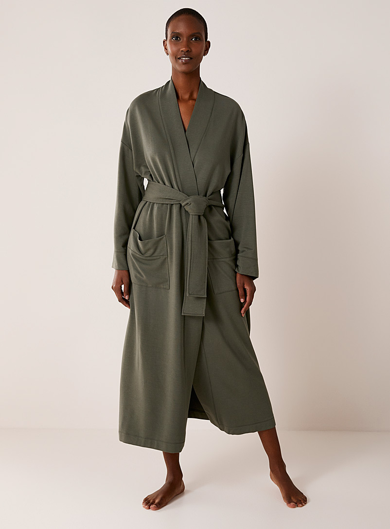 Miiyu Green Plush-reverse long robe for women