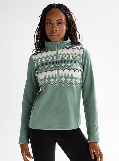 I.FIV5: Le chandail polaire demi-zip imprim&eacute; Sarcelle &agrave; motifs pour femme