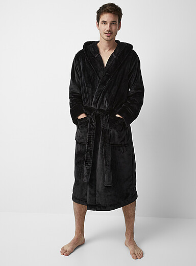 Le 31 Black Velvety polar fleece hooded robe for men
