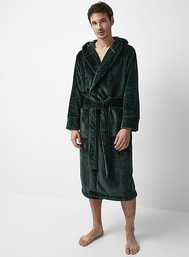 Le 31 Mossy Green Velvety polar fleece hooded robe for men