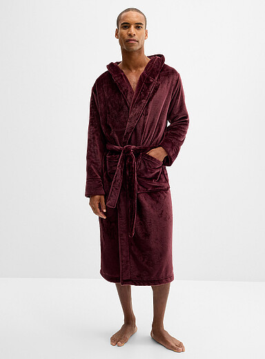 Le 31 Burgundy Velvety polar fleece hooded robe for men
