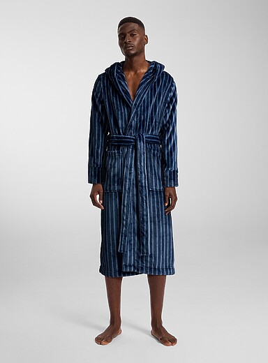 Le 31 Patterned Blue Striped fleece hooded robe for men