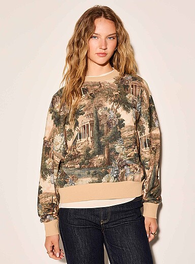 Ic&ocirc;ne Patterned Ecru Printed drop-shoulder organic cotton sweatshirt for women