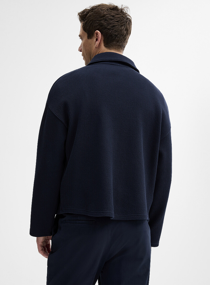 Le 31 Navy/Midnight Blue Ribbed fleece-lined cardigan for men