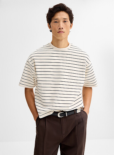 Le 31 Ivory/Cream Beige Striped thick jersey T-shirt <b>Oversized fit</b> for men