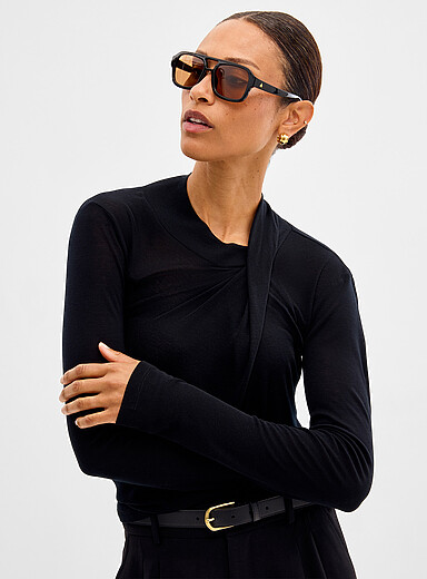 Contemporaine: Le t-shirt fluide col montant crois&eacute; touche de laine Noir pour femme