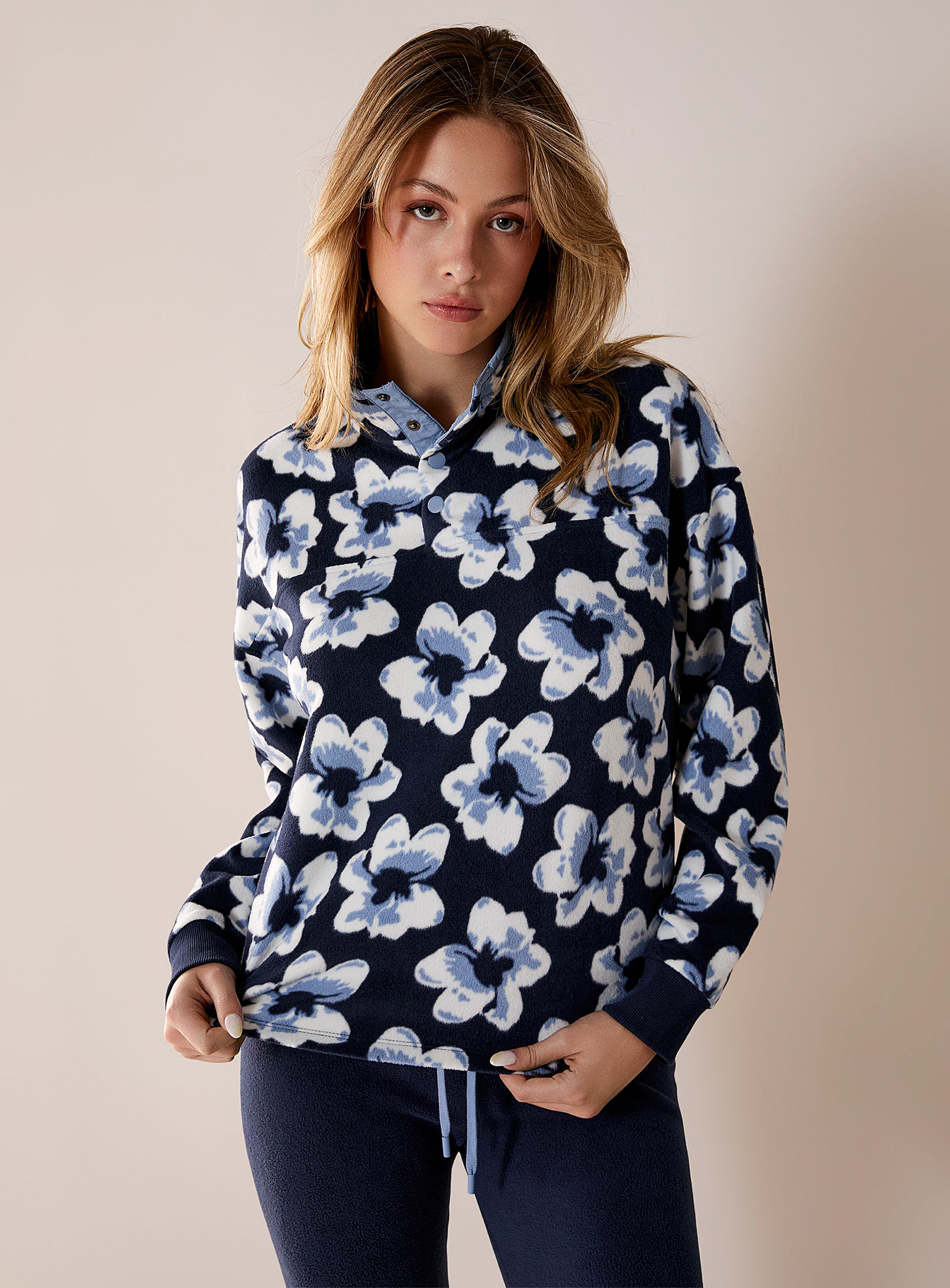 Miiyu Patterned Recycled Polar Fleece Lounge Sweater In Marine Blue