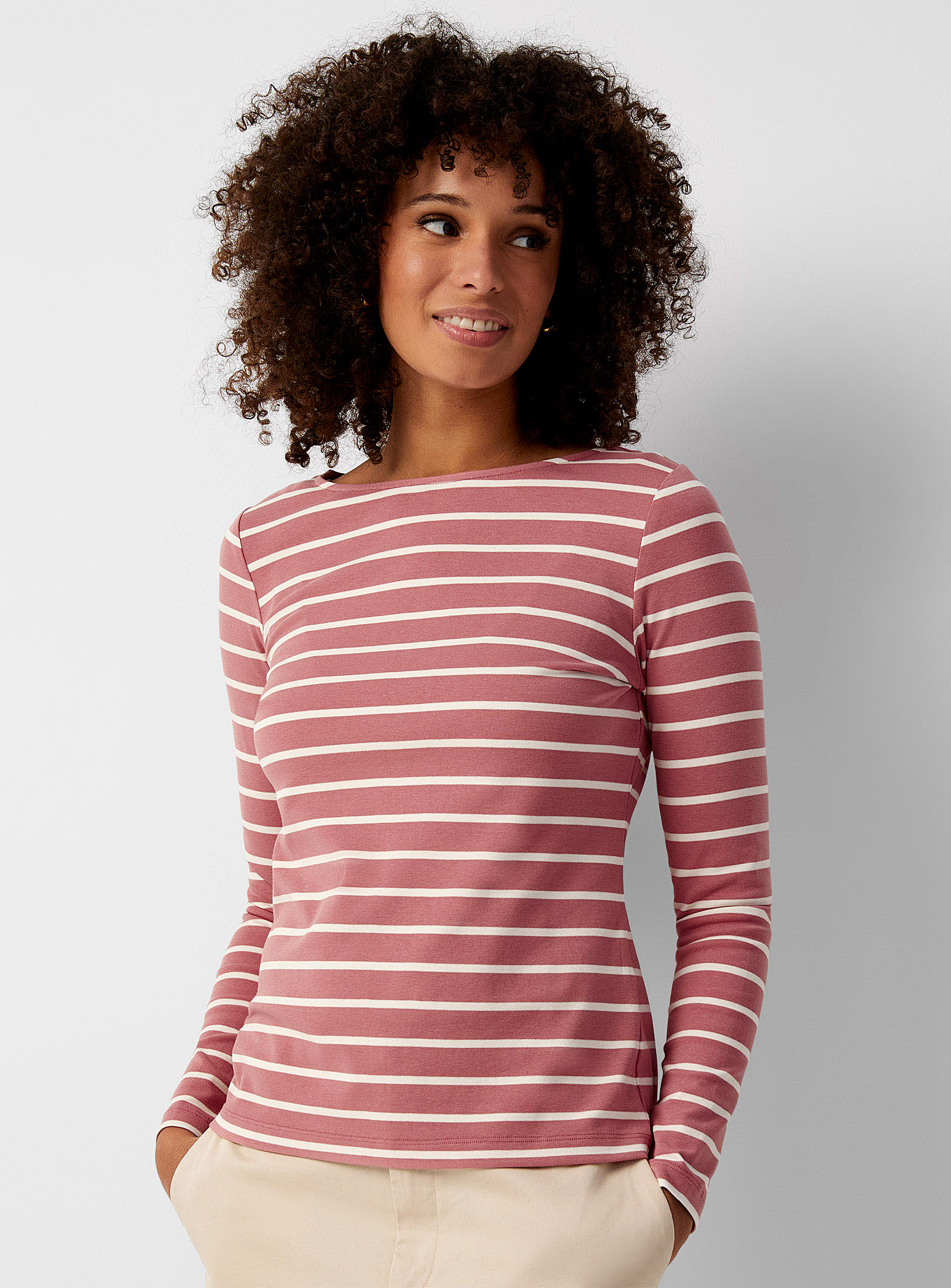 Contemporaine Boat-neck Striped T-shirt In Dusky Pink