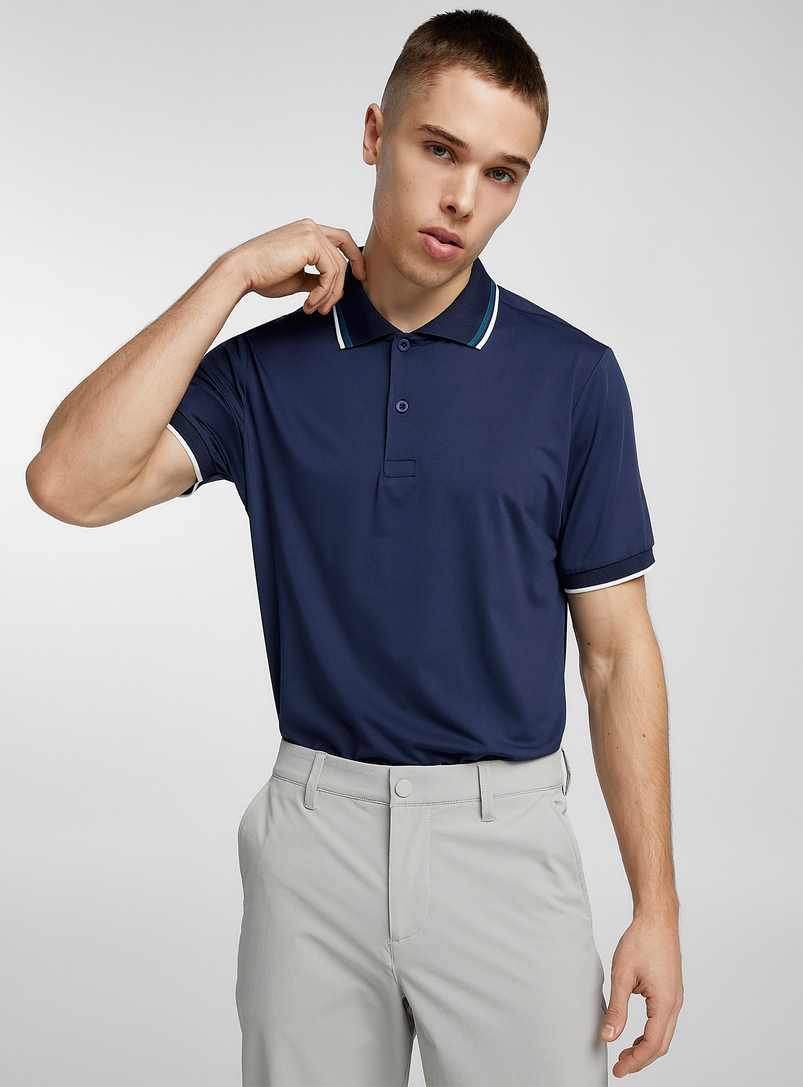 I.fiv5 Accent-collar Ultra-soft Solid Golf Polo In Marine Blue