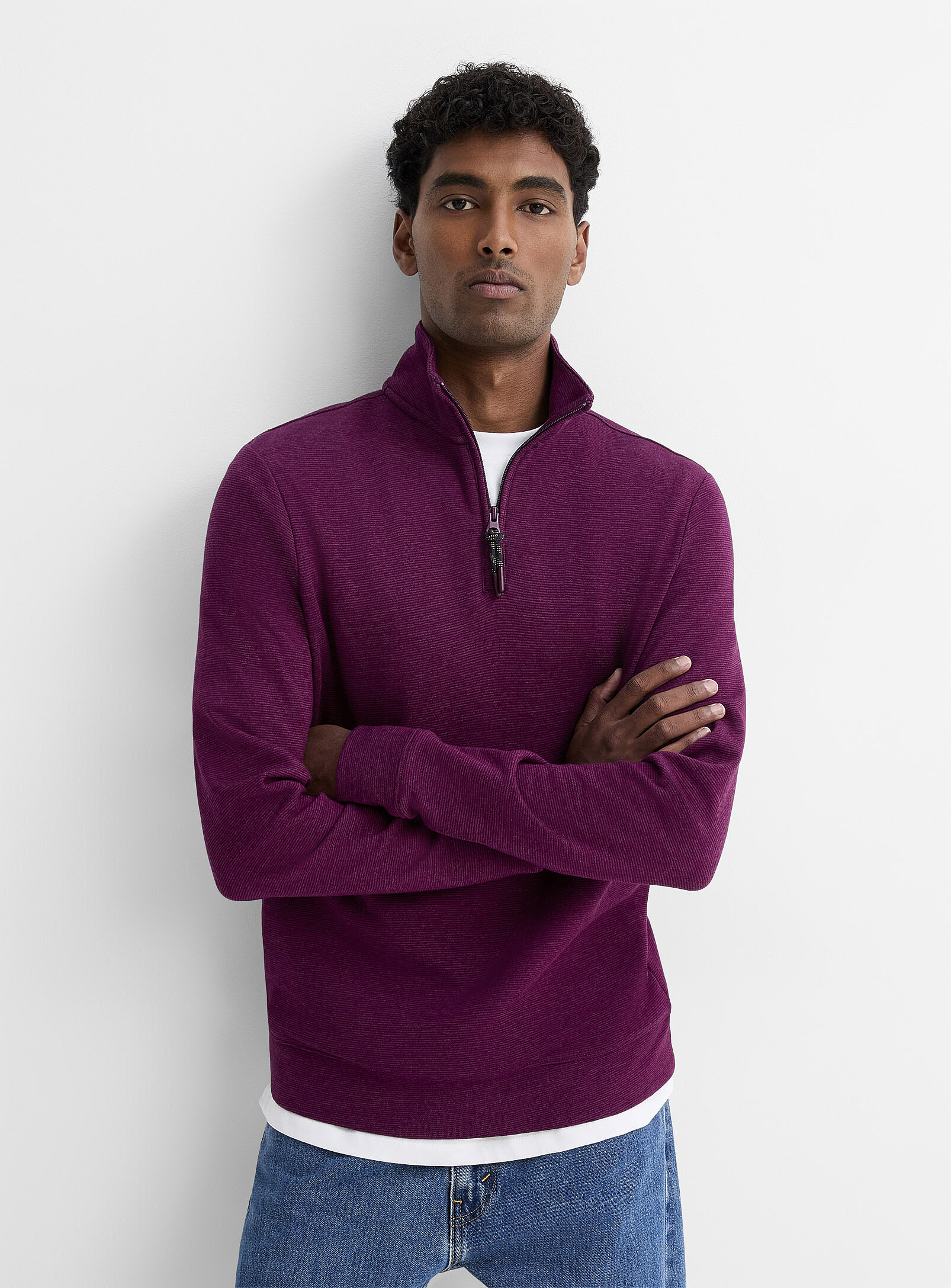 Le 31 - Etched stripe zip-neck sweatshirt (Men, Crimson, XX-LARGE)