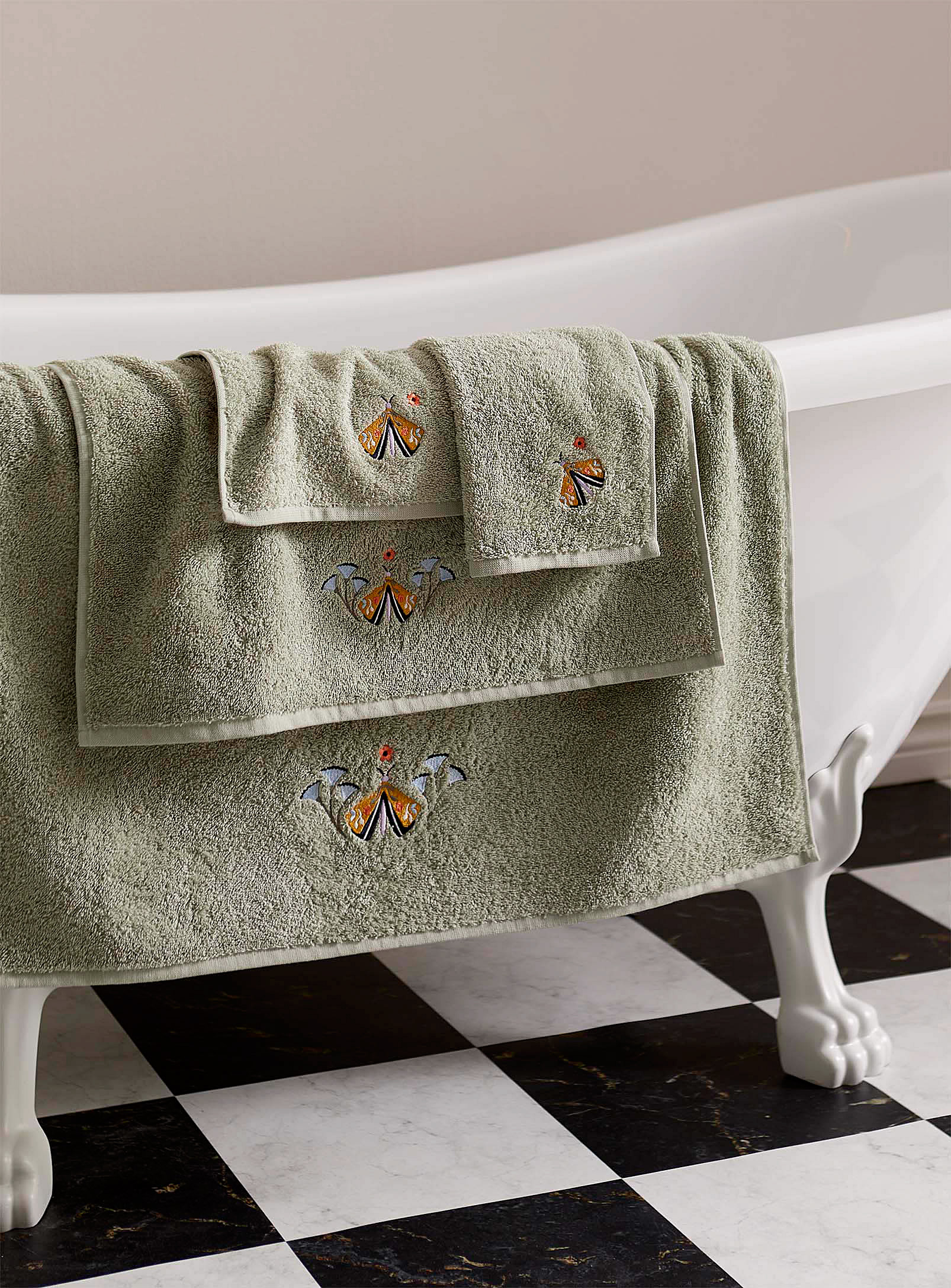 Simons Maison Embroidered Butterflies Turkish Cotton Towels In Patterned Green