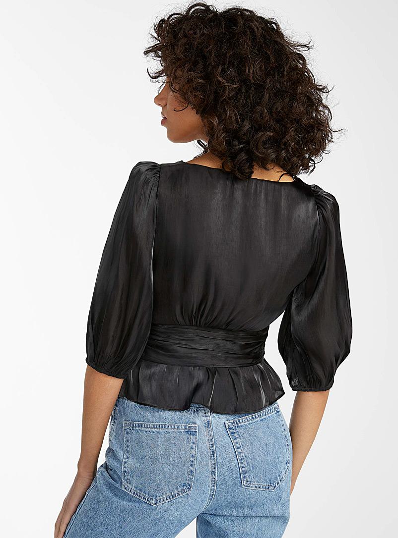 Icône Black Pleated organza V-neck blouse for women