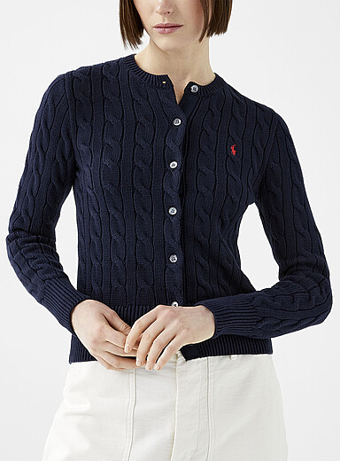 Polo Ralph Lauren: Le cardigan tricot c&acirc;ble ajust&eacute; Bleu marine - Bleu nuit pour femme