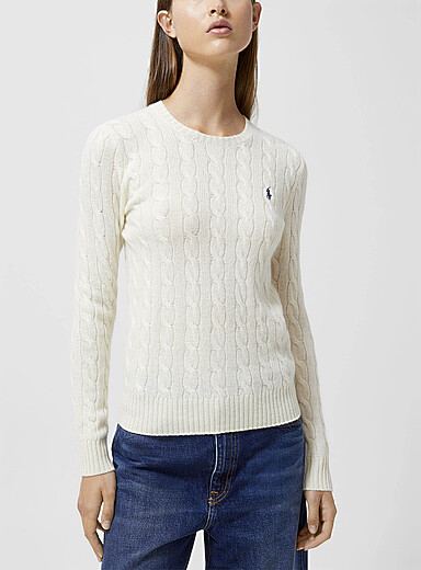Polo Ralph Lauren: Le chandail laine et cachemire logo brod&eacute; Blanc cass&eacute; pour femme