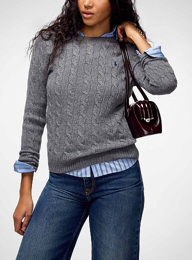 Polo Ralph Lauren: Le chandail laine et cachemire logo brod&eacute; Gris pour femme
