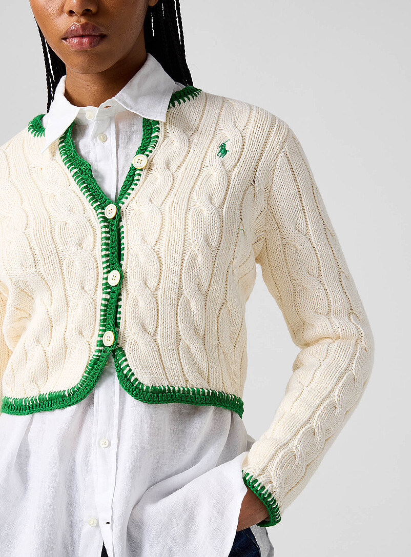 Polo Ralph Lauren: Le cardigan court tricot c&acirc;ble en coton Ivoire - Beige cr&egrave;me pour femme