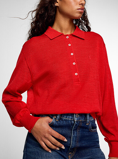 Polo Ralph Lauren: Le chandail col polo laine m&eacute;rinos Rouge pour femme