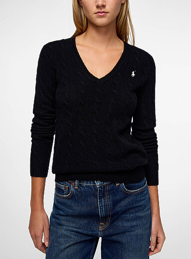 Polo Ralph Lauren: Le chandail col V tricot c&acirc;ble laine et cachemire Noir pour femme