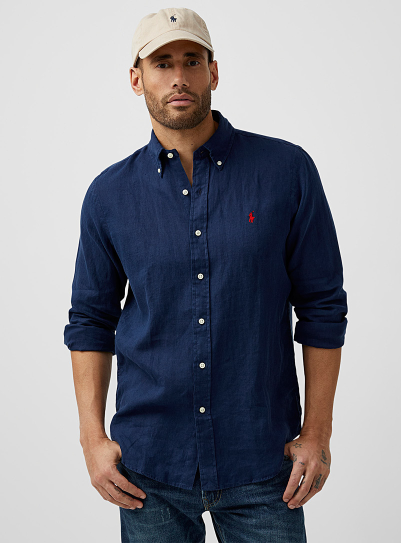 Polo Ralph Lauren Marine Blue Pure linen minimalist shirt Comfort fit for men