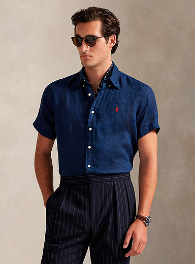 Polo Ralph Lauren: La chemise manches courtes pur lin cavalier brod&eacute; <b>Coupe classique</b> Bleu marine - Bleu nuit pour homme