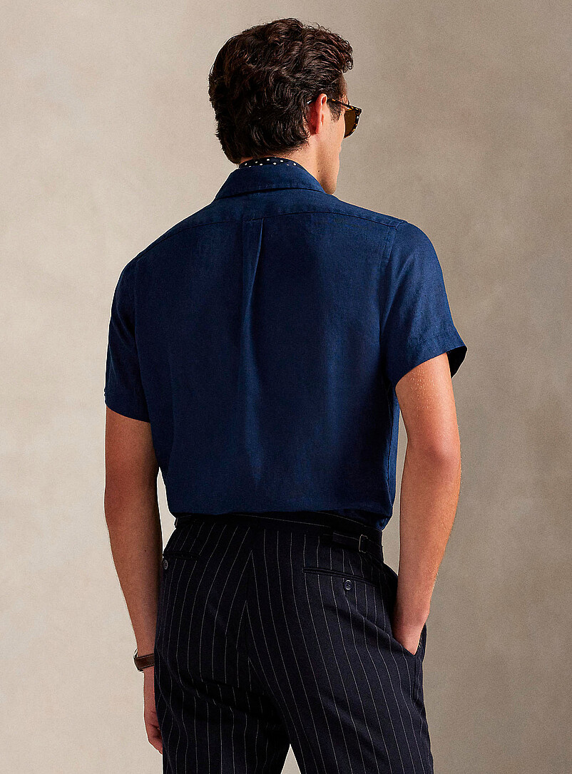 Polo Ralph Lauren Navy/Midnight Blue Embroidered-rider pure linen short sleeves shirt <b>Classic fit</b> for men