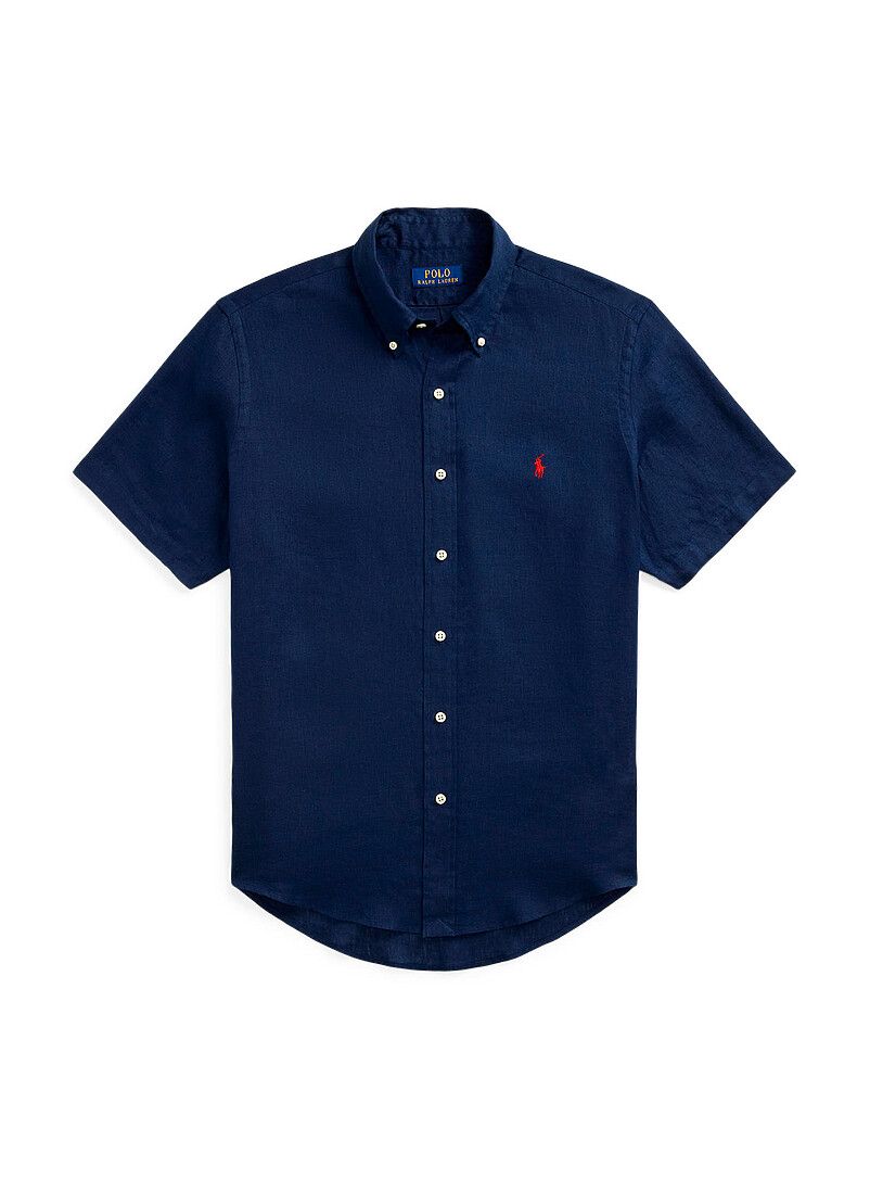 Polo Ralph Lauren Navy/Midnight Blue Embroidered-rider pure linen short sleeves shirt <b>Classic fit</b> for men