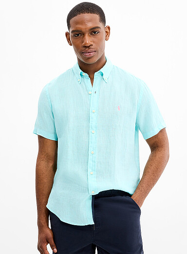 Embroidered-rider pure linen short sleeves shirt <b>Classic fit</b>