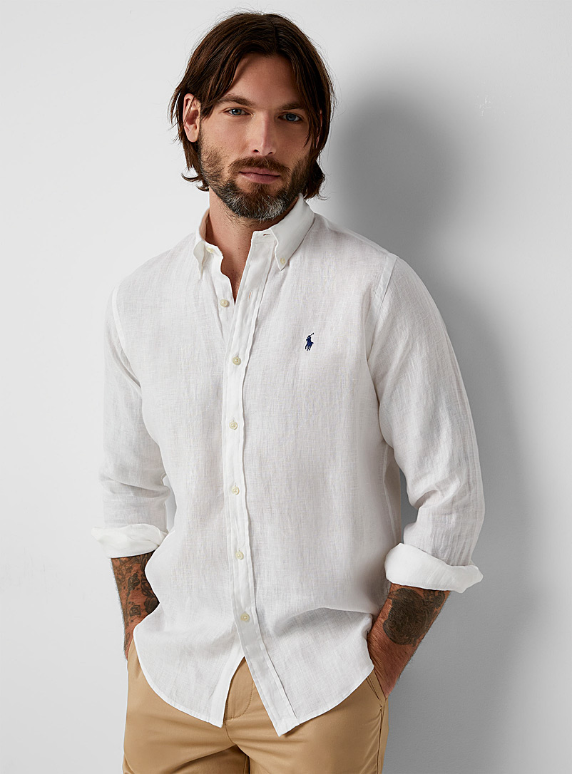Polo Ralph Lauren White Embroidered logo pure linen minimalist shirt for men