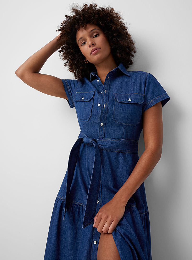 Polo Ralph Lauren: La robe chemise étagée en denim Bleu pour femme